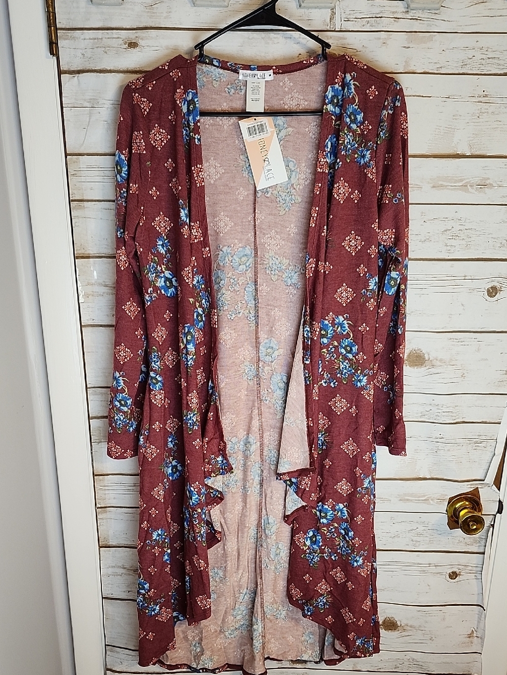 Honey & Lace Floral Duster Cardigan - Burgundy with Blue Floral NWT